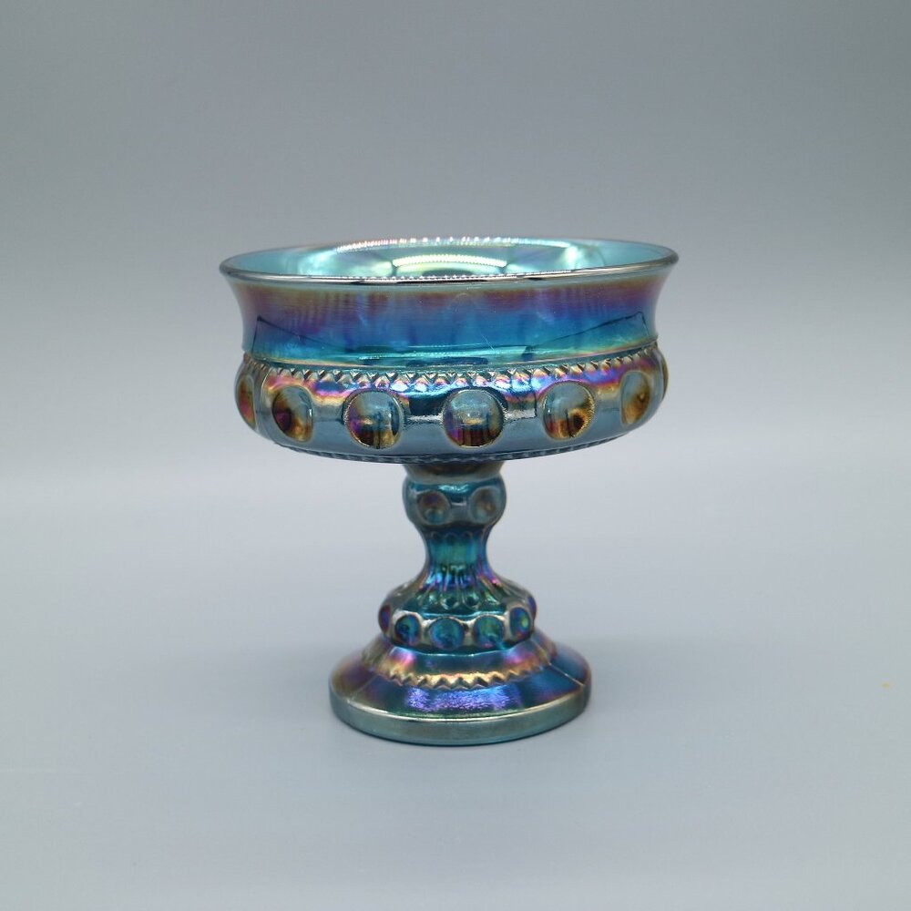 Vintage Indiana Blue Iridescent Carnival Glass Kings Crown Thumbprint Compote